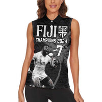 Custom Fiji Rugby Pacific Champions 2024 Women Sleeveless Polo Shirt Anniversary 7 Titles - Fijians Rugby and Tapa Hibiscus Black Art LT03 - Polynesian Pride