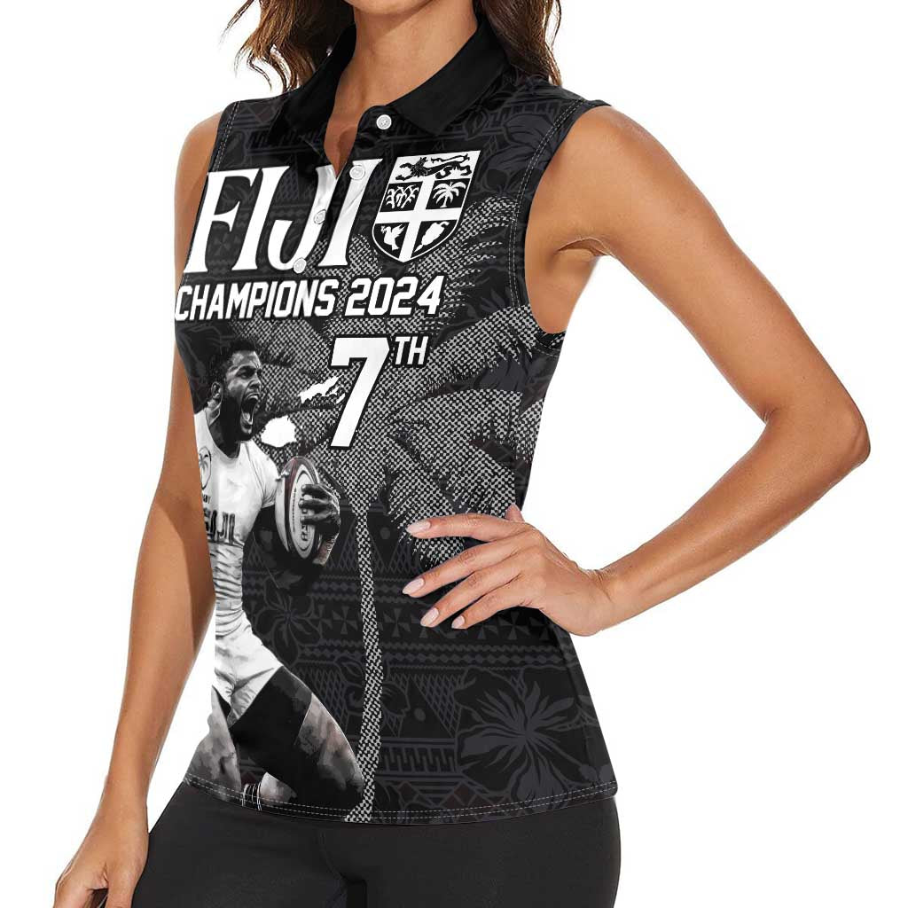 Custom Fiji Rugby Pacific Champions 2024 Women Sleeveless Polo Shirt Anniversary 7 Titles - Fijians Rugby and Tapa Hibiscus Black Art LT03 - Polynesian Pride