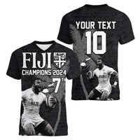 Custom Fiji Rugby Pacific Champions 2024 Women V-Neck T-Shirt Anniversary 7 Titles - Fijians Rugby and Tapa Hibiscus Black Art LT03 - Polynesian Pride
