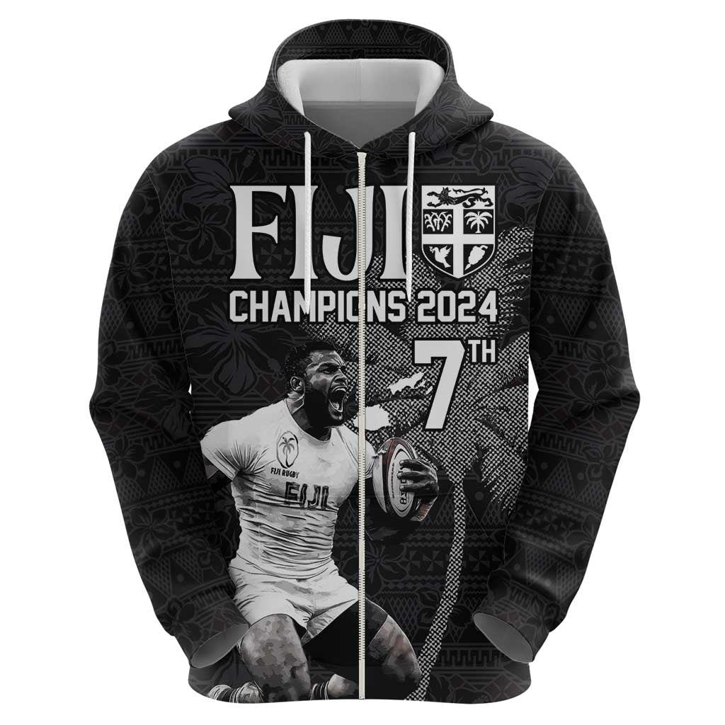 Custom Fiji Rugby Pacific Champions 2024 Zip Hoodie Anniversary 7 Titles - Fijians Rugby and Tapa Hibiscus Black Art LT03 - Polynesian Pride