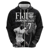 Custom Fiji Rugby Pacific Champions 2024 Zip Hoodie Anniversary 7 Titles - Fijians Rugby and Tapa Hibiscus Black Art LT03 - Polynesian Pride
