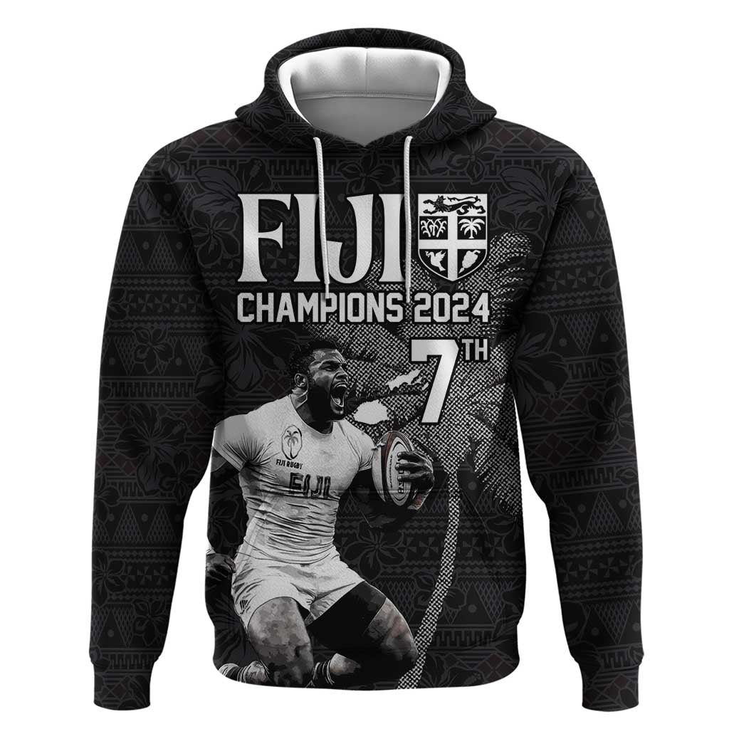 Custom Fiji Rugby Pacific Champions 2024 Zip Hoodie Anniversary 7 Titles - Fijians Rugby and Tapa Hibiscus Black Art LT03 Pullover Hoodie Black - Polynesian Pride