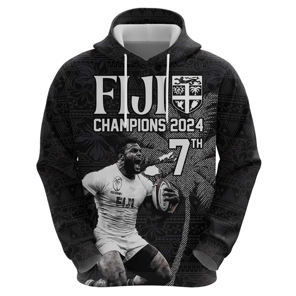 Custom Fiji Rugby Pacific Champions 2024 Zip Hoodie Anniversary 7 Titles - Fijians Rugby and Tapa Hibiscus Black Art LT03 - Polynesian Pride