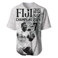 Custom Fiji Rugby Pacific Champions 2024 Baseball Jersey Anniversary 7 Titles - Fijians Rugby and Tapa Hibiscus White Art LT03 White - Polynesian Pride