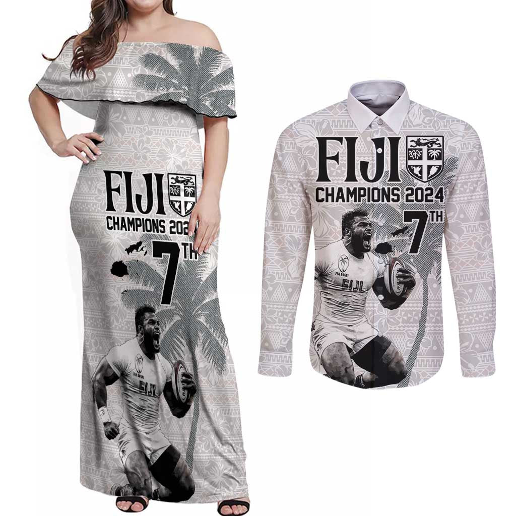 Custom Fiji Rugby Pacific Champions 2024 Couples Matching Off Shoulder Maxi Dress and Long Sleeve Button Shirt Anniversary 7 Titles - Fijians Rugby and Tapa Hibiscus White Art LT03 White - Polynesian Pride