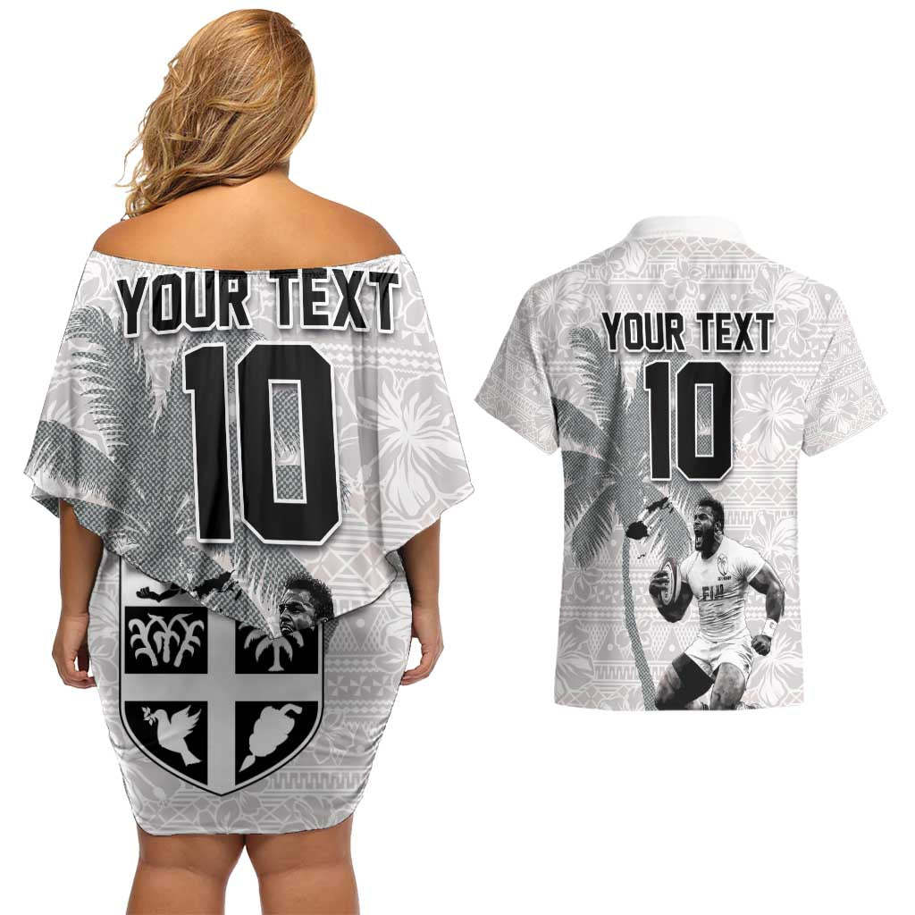 Custom Fiji Rugby Pacific Champions 2024 Couples Matching Off Shoulder Short Dress and Hawaiian Shirt Anniversary 7 Titles - Fijians Rugby and Tapa Hibiscus White Art LT03 - Polynesian Pride