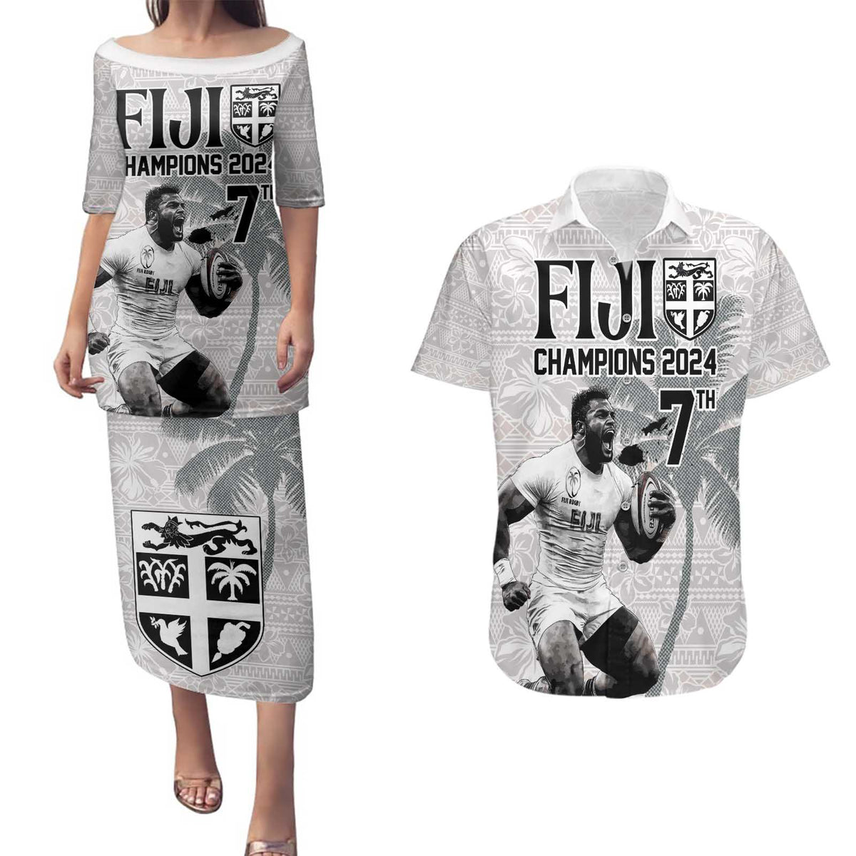 Custom Fiji Rugby Pacific Champions 2024 Couples Matching Puletasi and Hawaiian Shirt Anniversary 7 Titles - Fijians Rugby and Tapa Hibiscus White Art LT03 White - Polynesian Pride