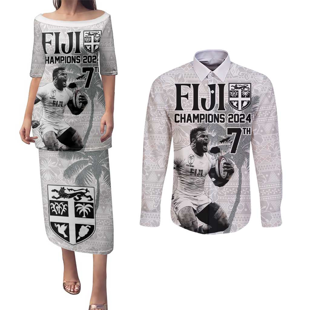 Custom Fiji Rugby Pacific Champions 2024 Couples Matching Puletasi and Long Sleeve Button Shirt Anniversary 7 Titles - Fijians Rugby and Tapa Hibiscus White Art LT03 White - Polynesian Pride