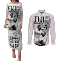 Custom Fiji Rugby Pacific Champions 2024 Couples Matching Puletasi and Long Sleeve Button Shirt Anniversary 7 Titles - Fijians Rugby and Tapa Hibiscus White Art LT03 White - Polynesian Pride