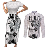 Custom Fiji Rugby Pacific Champions 2024 Couples Matching Short Sleeve Bodycon Dress and Long Sleeve Button Shirt Anniversary 7 Titles - Fijians Rugby and Tapa Hibiscus White Art LT03 White - Polynesian Pride