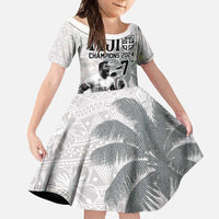 Custom Fiji Rugby Pacific Champions 2024 Family Matching Long Sleeve Bodycon Dress and Hawaiian Shirt Anniversary 7 Titles - Fijians Rugby and Tapa Hibiscus White Art LT03 Daughter's Dress White - Polynesian Pride