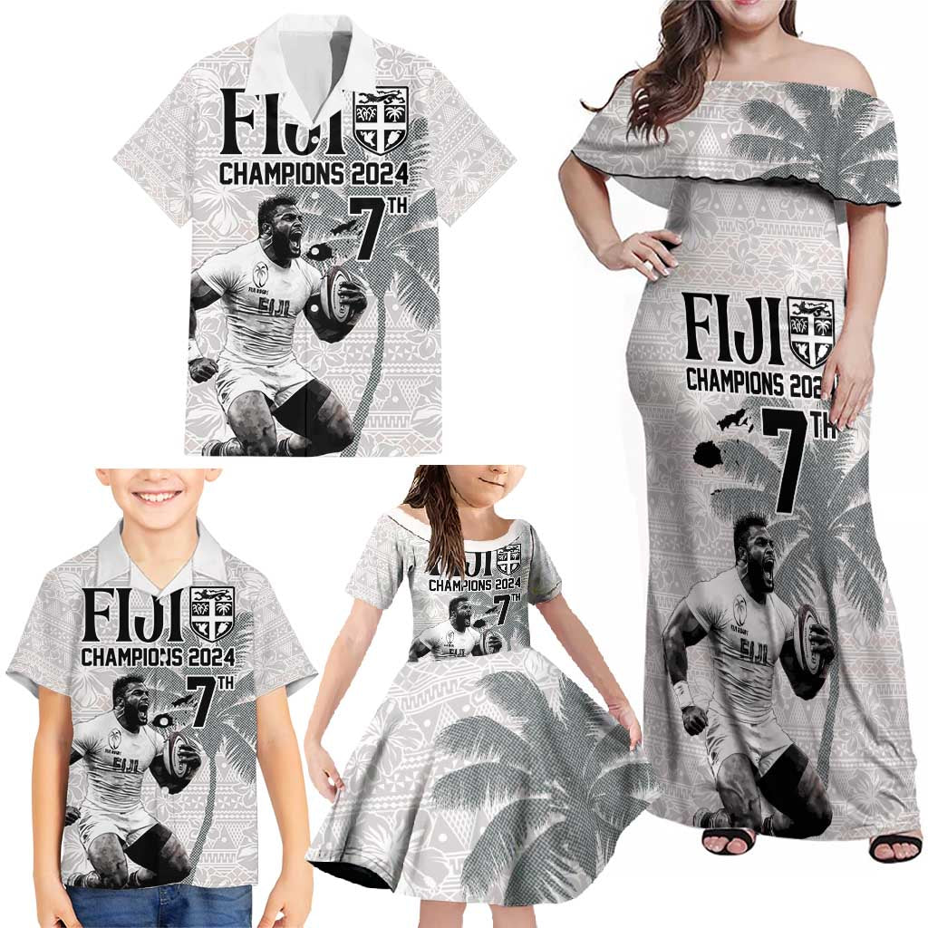Custom Fiji Rugby Pacific Champions 2024 Family Matching Off Shoulder Maxi Dress and Hawaiian Shirt Anniversary 7 Titles - Fijians Rugby and Tapa Hibiscus White Art LT03 - Polynesian Pride