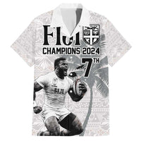 Custom Fiji Rugby Pacific Champions 2024 Family Matching Off Shoulder Maxi Dress and Hawaiian Shirt Anniversary 7 Titles - Fijians Rugby and Tapa Hibiscus White Art LT03 Dad's Shirt - Short Sleeve White - Polynesian Pride