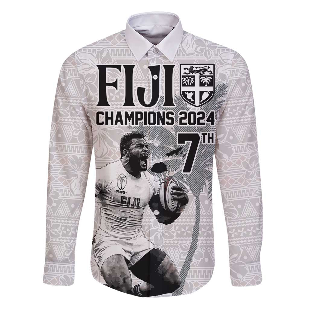 Custom Fiji Rugby Pacific Champions 2024 Family Matching Off Shoulder Maxi Dress and Hawaiian Shirt Anniversary 7 Titles - Fijians Rugby and Tapa Hibiscus White Art LT03 Dad's Shirt - Long Sleeve White - Polynesian Pride