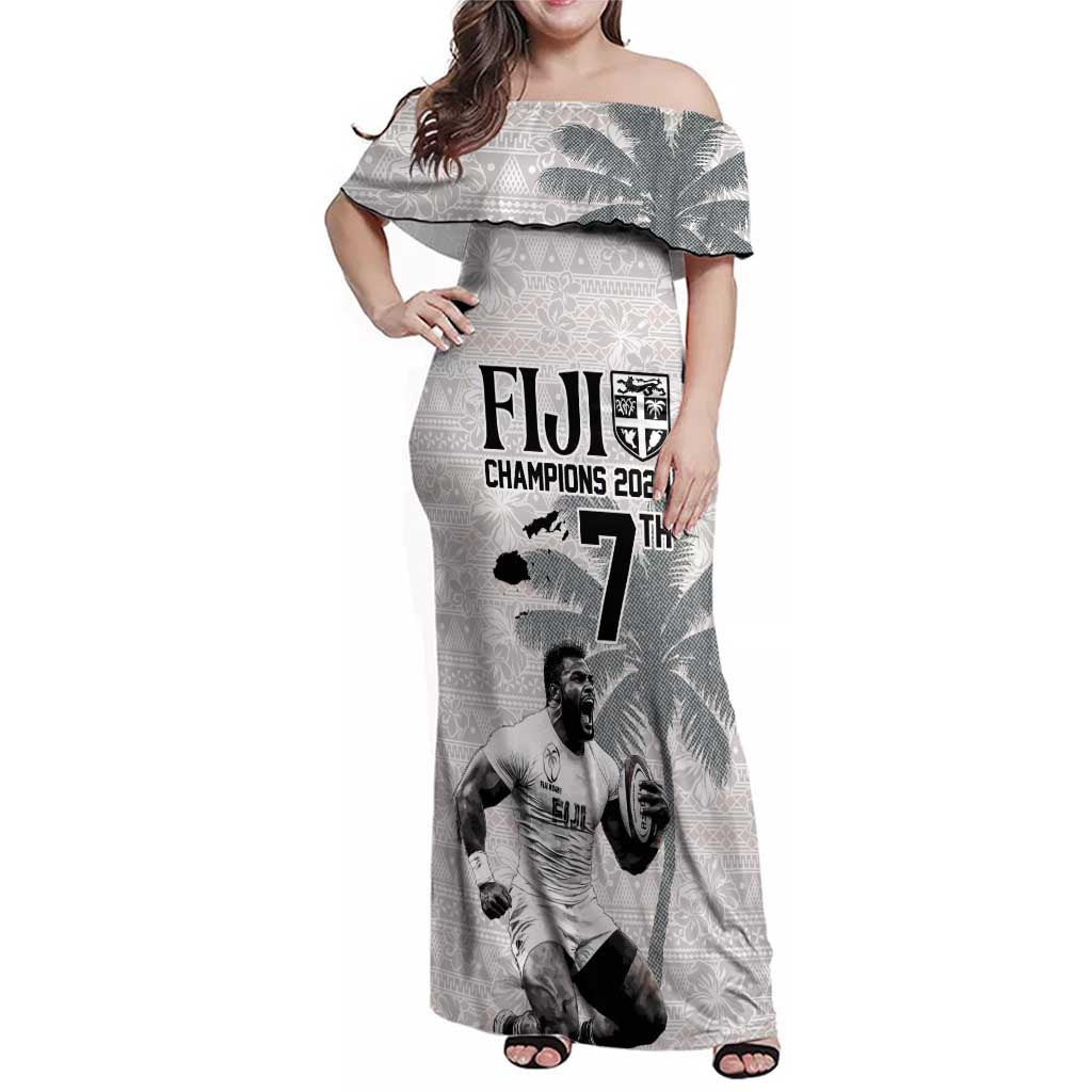 Custom Fiji Rugby Pacific Champions 2024 Family Matching Off Shoulder Maxi Dress and Hawaiian Shirt Anniversary 7 Titles - Fijians Rugby and Tapa Hibiscus White Art LT03 Mom's Dress White - Polynesian Pride