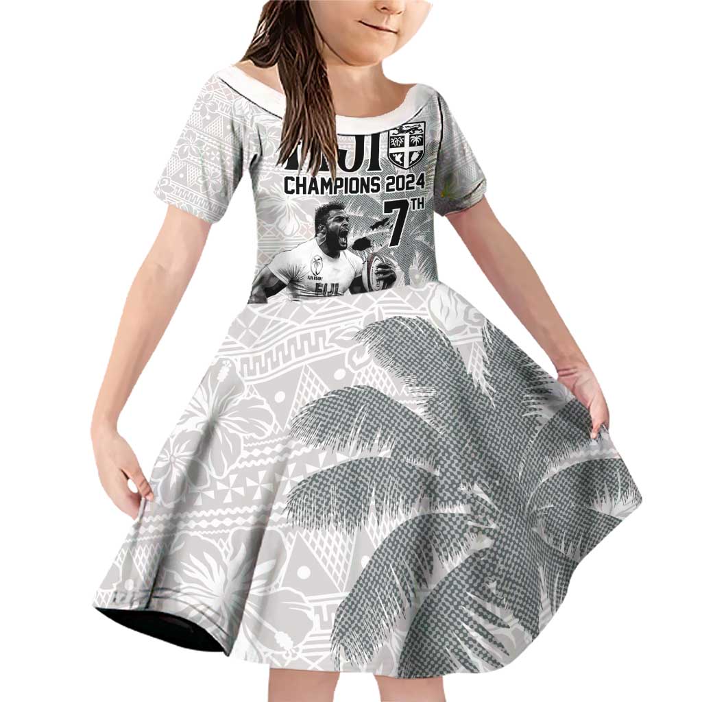 Custom Fiji Rugby Pacific Champions 2024 Family Matching Off Shoulder Short Dress and Hawaiian Shirt Anniversary 7 Titles - Fijians Rugby and Tapa Hibiscus White Art LT03 Daughter's Dress White - Polynesian Pride