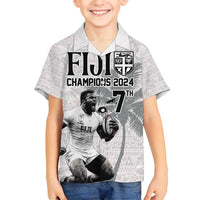 Custom Fiji Rugby Pacific Champions 2024 Family Matching Off Shoulder Short Dress and Hawaiian Shirt Anniversary 7 Titles - Fijians Rugby and Tapa Hibiscus White Art LT03 Son's Shirt White - Polynesian Pride