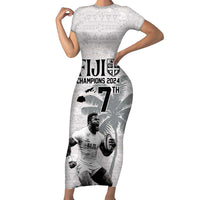 Custom Fiji Rugby Pacific Champions 2024 Family Matching Short Sleeve Bodycon Dress and Hawaiian Shirt Anniversary 7 Titles - Fijians Rugby and Tapa Hibiscus White Art LT03 Mom's Dress White - Polynesian Pride