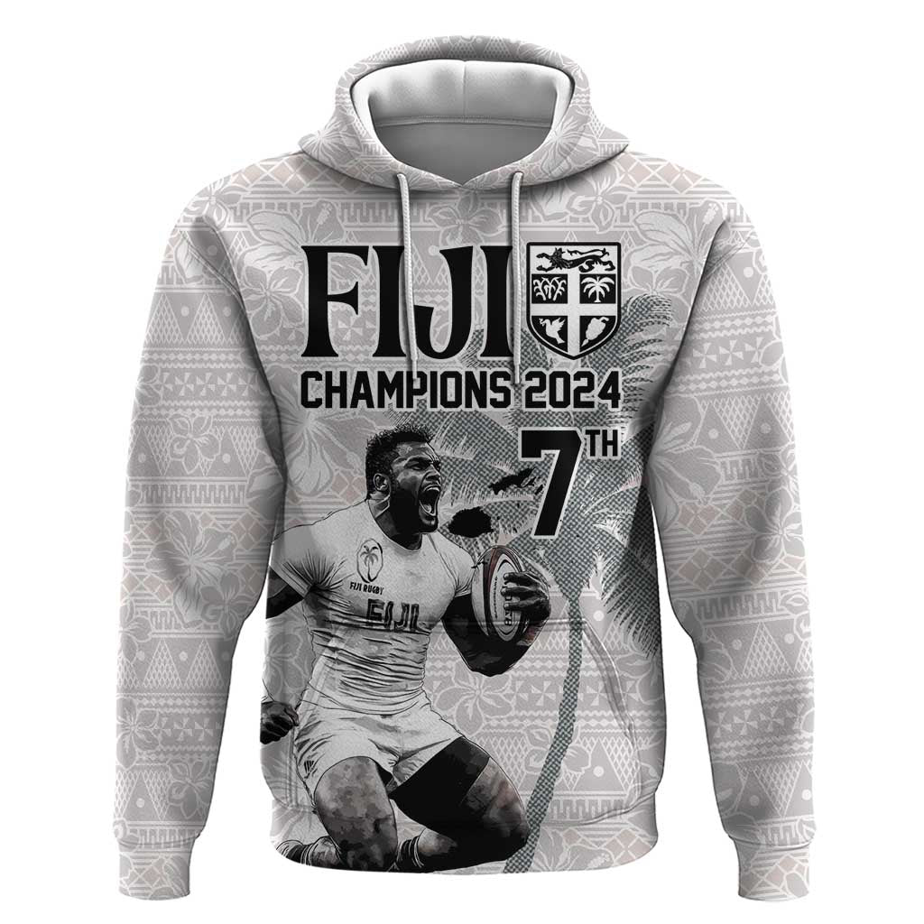 Custom Fiji Rugby Pacific Champions 2024 Hoodie Anniversary 7 Titles - Fijians Rugby and Tapa Hibiscus White Art LT03 Pullover Hoodie White - Polynesian Pride