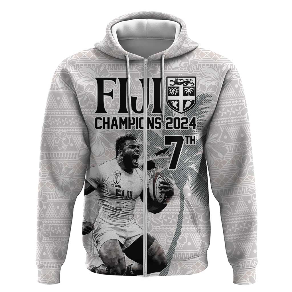 Custom Fiji Rugby Pacific Champions 2024 Hoodie Anniversary 7 Titles - Fijians Rugby and Tapa Hibiscus White Art LT03 Zip Hoodie White - Polynesian Pride