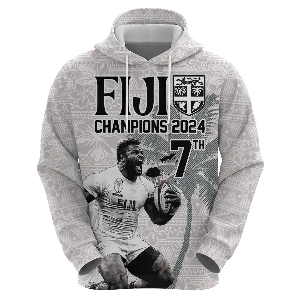 Custom Fiji Rugby Pacific Champions 2024 Hoodie Anniversary 7 Titles - Fijians Rugby and Tapa Hibiscus White Art LT03 - Polynesian Pride