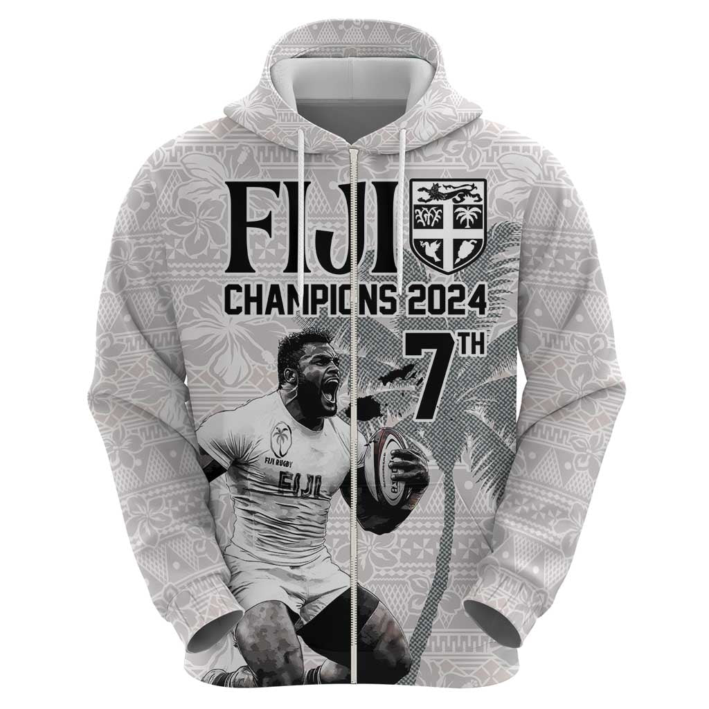 Custom Fiji Rugby Pacific Champions 2024 Hoodie Anniversary 7 Titles - Fijians Rugby and Tapa Hibiscus White Art LT03 - Polynesian Pride