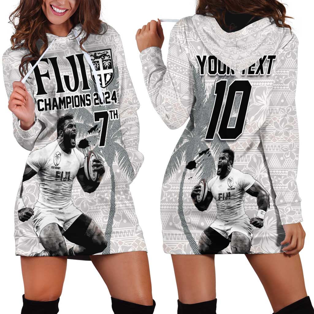 Custom Fiji Rugby Pacific Champions 2024 Hoodie Dress Anniversary 7 Titles - Fijians Rugby and Tapa Hibiscus White Art LT03 - Polynesian Pride