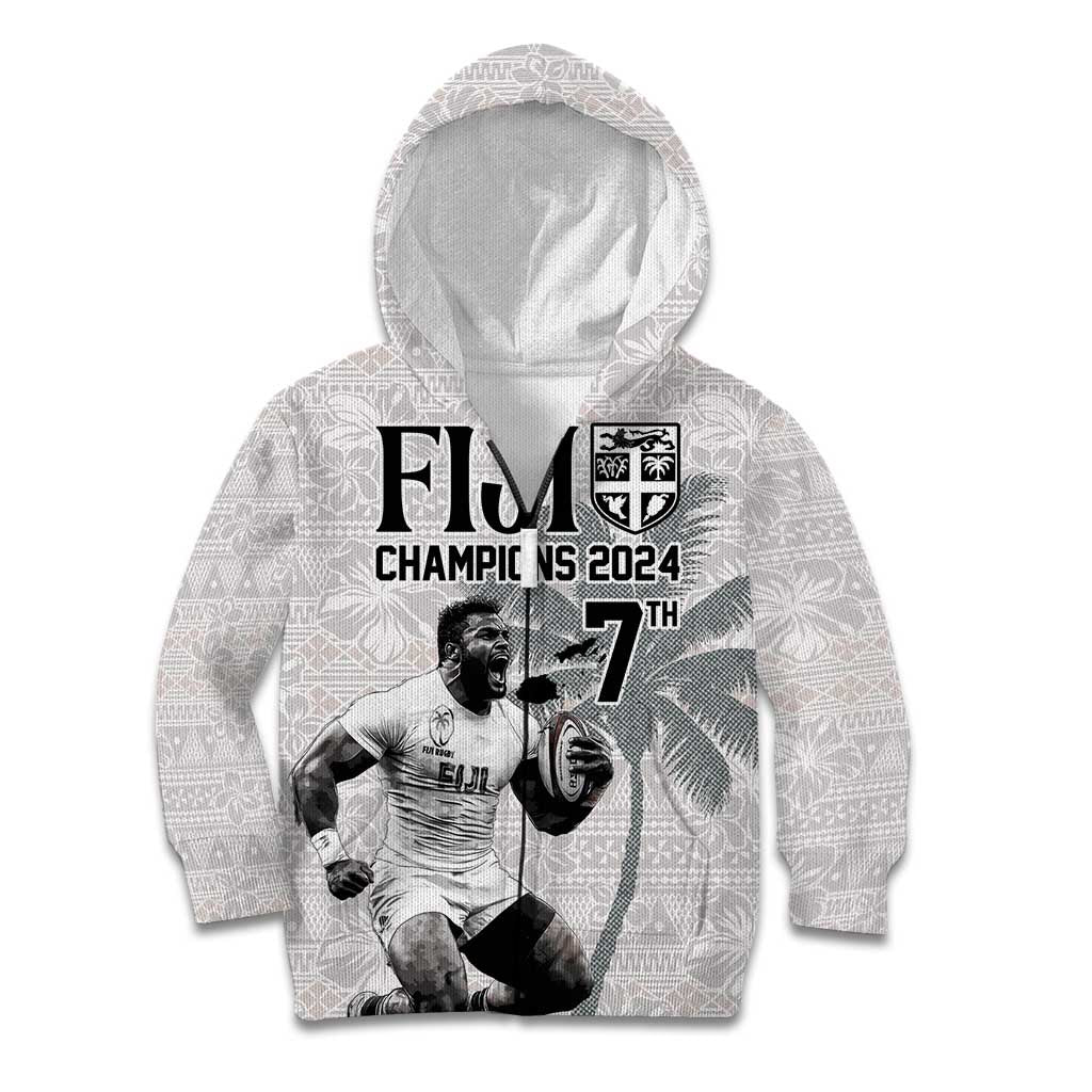Custom Fiji Rugby Pacific Champions 2024 Kid Hoodie Anniversary 7 Titles - Fijians Rugby and Tapa Hibiscus White Art LT03 Zip Hoodie White - Polynesian Pride