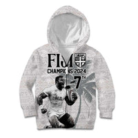 Custom Fiji Rugby Pacific Champions 2024 Kid Hoodie Anniversary 7 Titles - Fijians Rugby and Tapa Hibiscus White Art LT03 Zip Hoodie White - Polynesian Pride