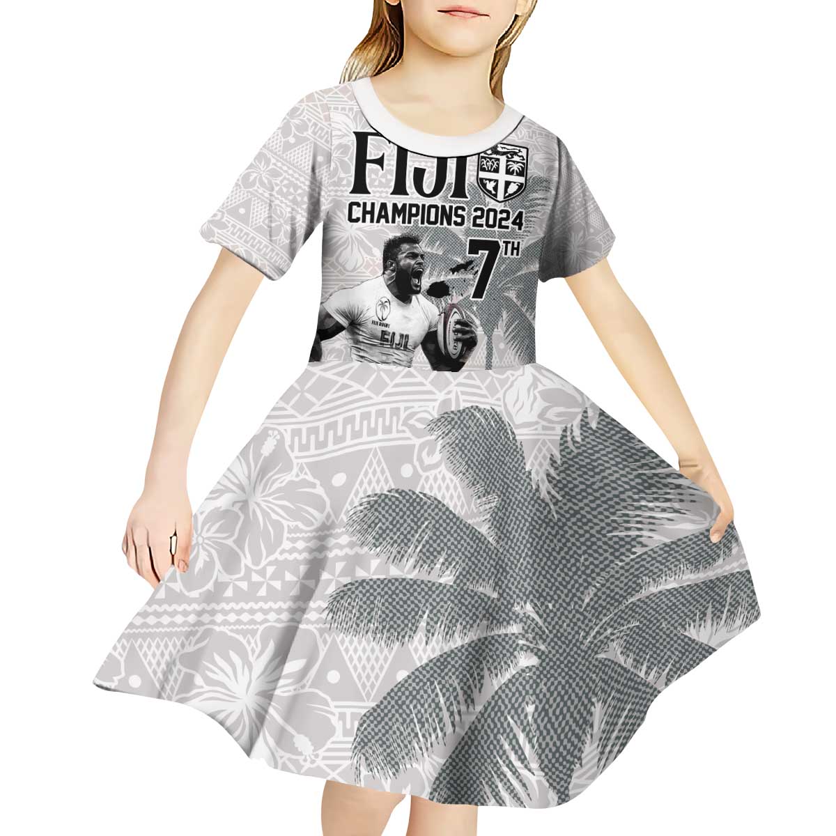 Custom Fiji Rugby Pacific Champions 2024 Kid Short Sleeve Dress Anniversary 7 Titles - Fijians Rugby and Tapa Hibiscus White Art LT03 - Polynesian Pride
