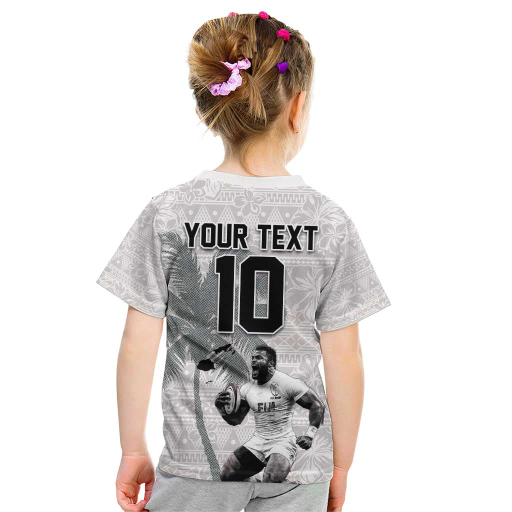 Custom Fiji Rugby Pacific Champions 2024 Kid T Shirt Anniversary 7 Titles - Fijians Rugby and Tapa Hibiscus White Art LT03 - Polynesian Pride