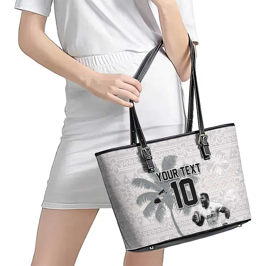 Custom Fiji Rugby Pacific Champions 2024 Leather Tote Bag Anniversary 7 Titles - Fijians Rugby and Tapa Hibiscus White Art LT03 - Polynesian Pride