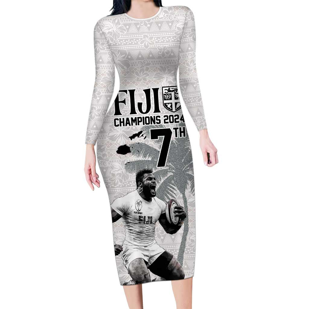 Custom Fiji Rugby Pacific Champions 2024 Long Sleeve Bodycon Dress Anniversary 7 Titles - Fijians Rugby and Tapa Hibiscus White Art LT03 Long Dress White - Polynesian Pride