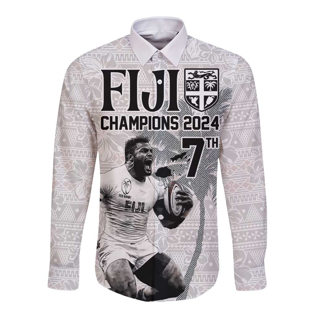 Custom Fiji Rugby Pacific Champions 2024 Long Sleeve Button Shirt Anniversary 7 Titles - Fijians Rugby and Tapa Hibiscus White Art LT03 Unisex White - Polynesian Pride
