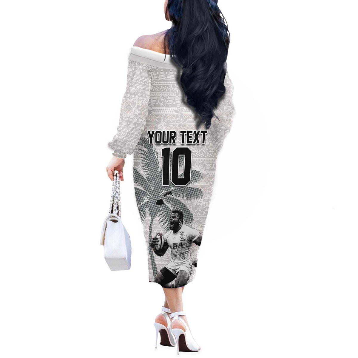 Custom Fiji Rugby Pacific Champions 2024 Off The Shoulder Long Sleeve Dress Anniversary 7 Titles - Fijians Rugby and Tapa Hibiscus White Art LT03 - Polynesian Pride