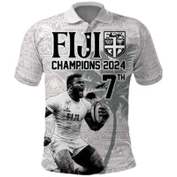 Custom Fiji Rugby Pacific Champions 2024 Polo Shirt Anniversary 7 Titles - Fijians Rugby and Tapa Hibiscus White Art LT03 White - Polynesian Pride