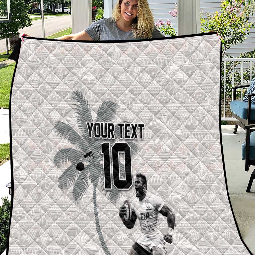 Custom Fiji Rugby Pacific Champions 2024 Quilt Anniversary 7 Titles - Fijians Rugby and Tapa Hibiscus White Art LT03 White - Polynesian Pride