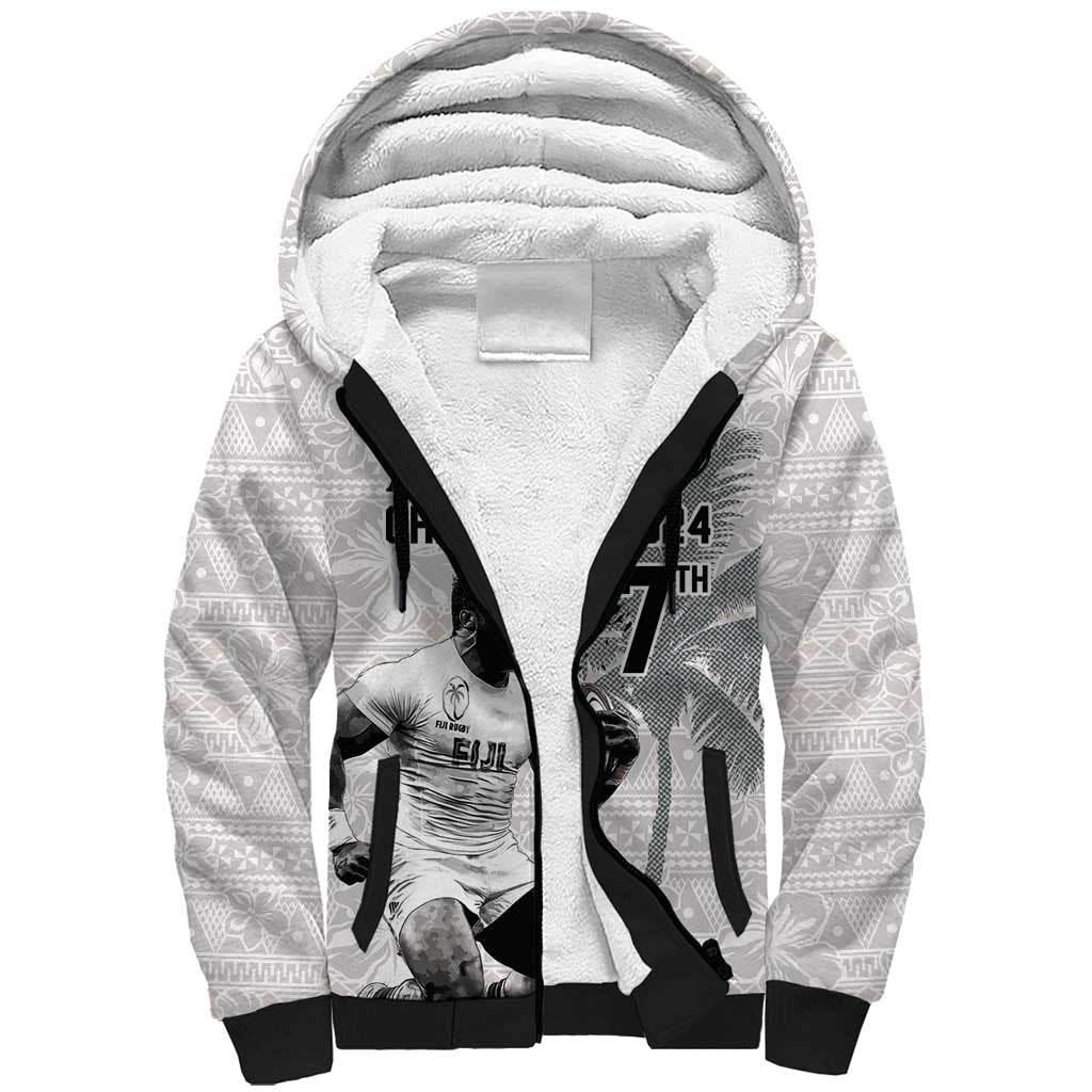 Custom Fiji Rugby Pacific Champions 2024 Sherpa Hoodie Anniversary 7 Titles - Fijians Rugby and Tapa Hibiscus White Art LT03 Unisex White - Polynesian Pride