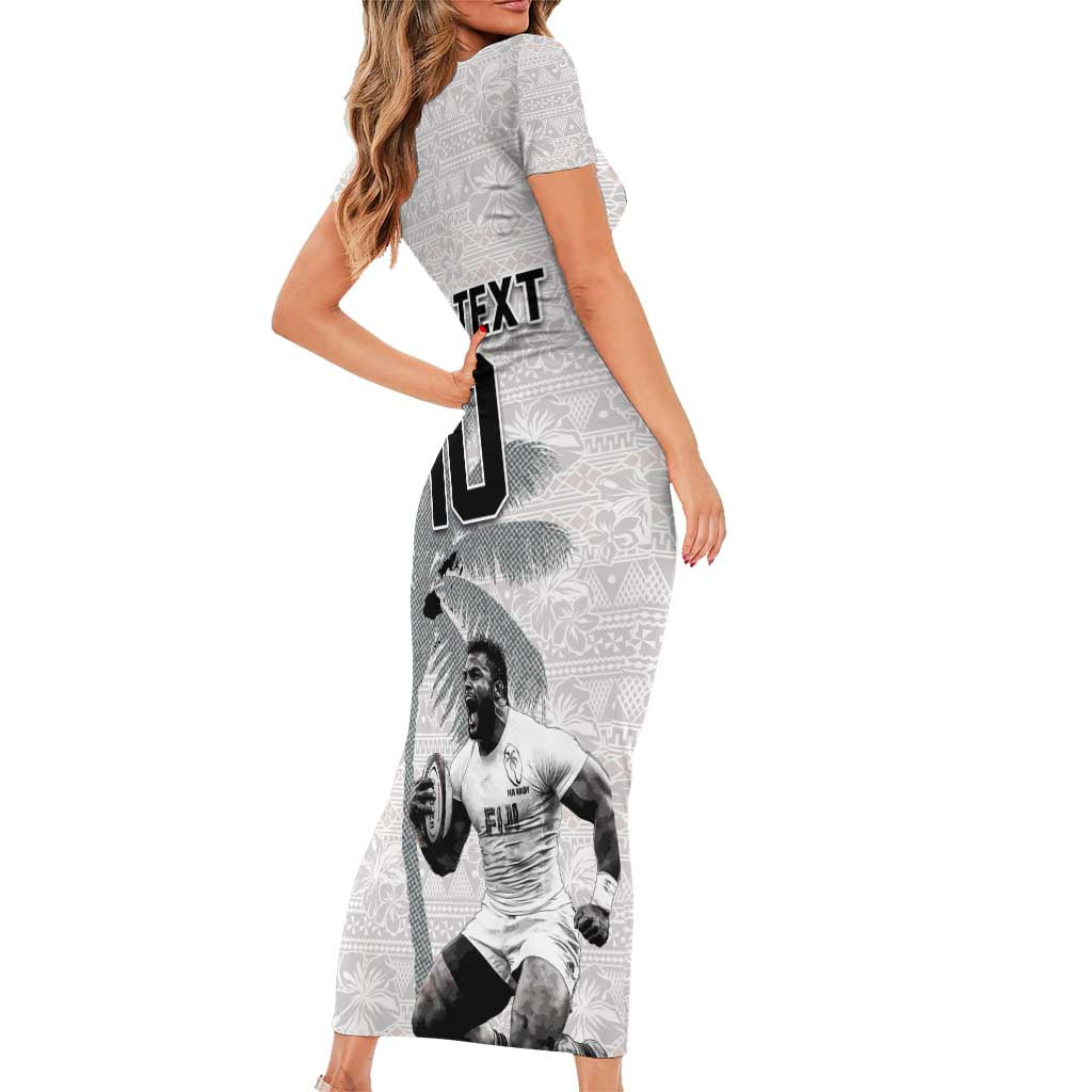 Custom Fiji Rugby Pacific Champions 2024 Short Sleeve Bodycon Dress Anniversary 7 Titles - Fijians Rugby and Tapa Hibiscus White Art LT03 - Polynesian Pride