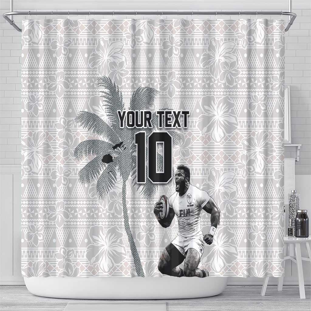Custom Fiji Rugby Pacific Champions 2024 Shower Curtain Anniversary 7 Titles - Fijians Rugby and Tapa Hibiscus White Art LT03 - Polynesian Pride