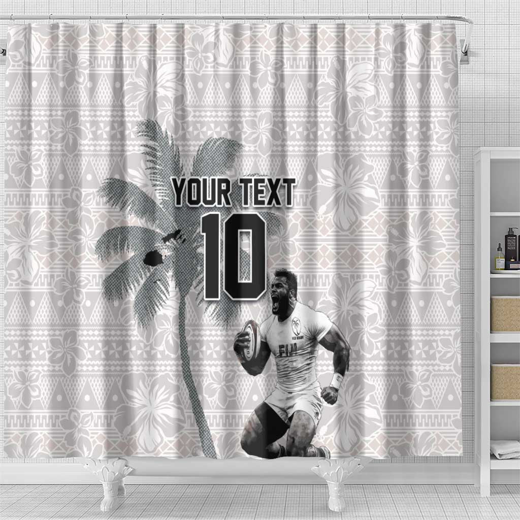 Custom Fiji Rugby Pacific Champions 2024 Shower Curtain Anniversary 7 Titles - Fijians Rugby and Tapa Hibiscus White Art LT03 - Polynesian Pride