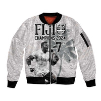 Custom Fiji Rugby Pacific Champions 2024 Sleeve Zip Bomber Jacket Anniversary 7 Titles - Fijians Rugby and Tapa Hibiscus White Art LT03 Unisex White - Polynesian Pride