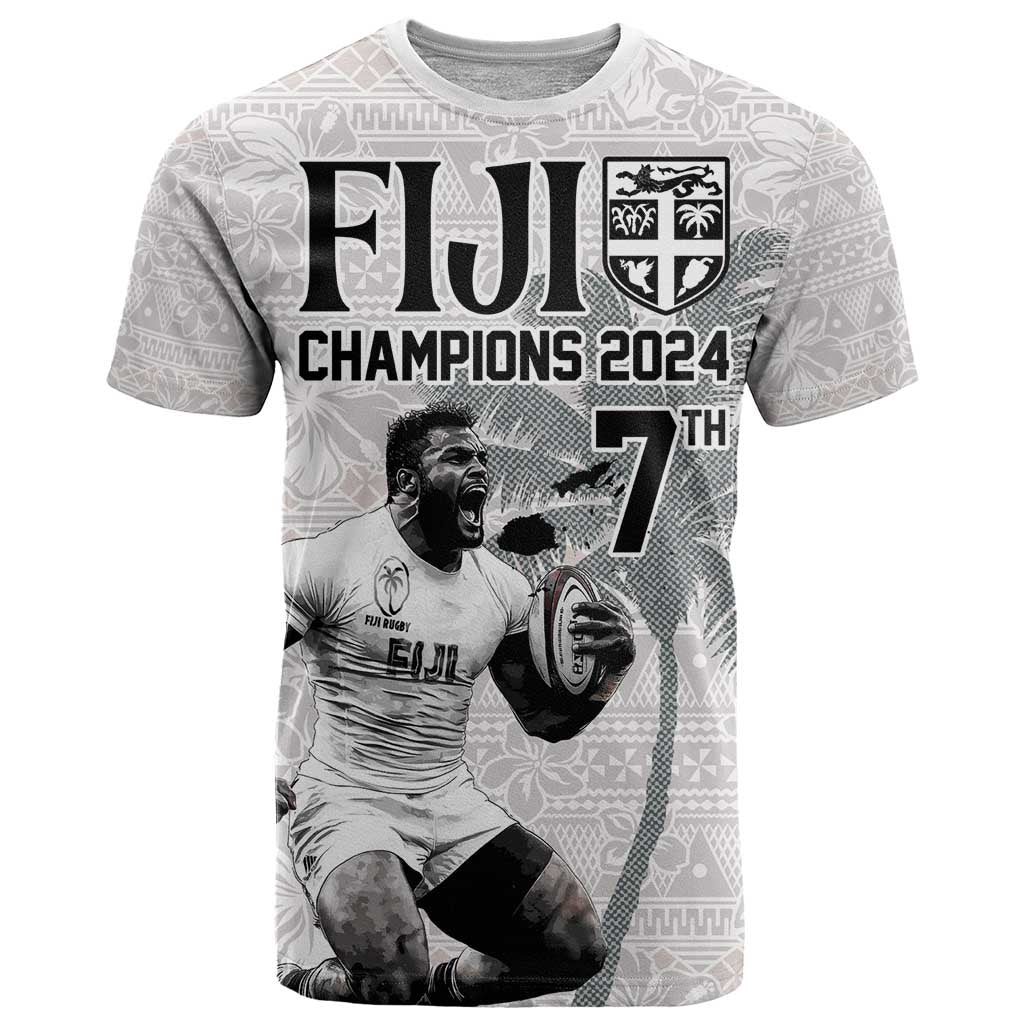 Custom Fiji Rugby Pacific Champions 2024 T Shirt Anniversary 7 Titles - Fijians Rugby and Tapa Hibiscus White Art LT03 White - Polynesian Pride