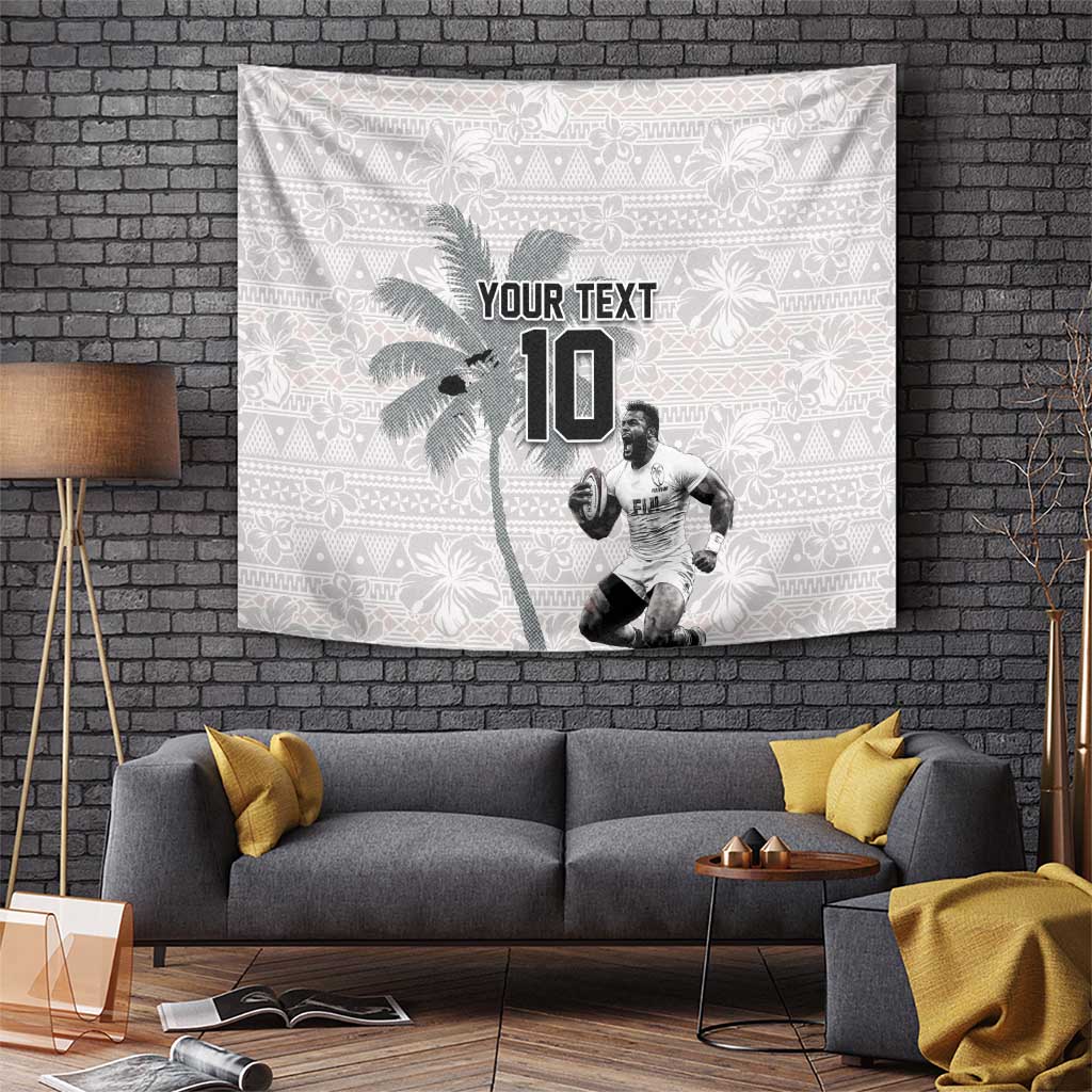 Custom Fiji Rugby Pacific Champions 2024 Tapestry Anniversary 7 Titles - Fijians Rugby and Tapa Hibiscus White Art LT03 - Polynesian Pride