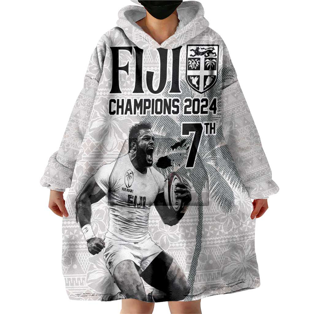 Custom Fiji Rugby Pacific Champions 2024 Wearable Blanket Hoodie Anniversary 7 Titles - Fijians Rugby and Tapa Hibiscus White Art LT03 - Polynesian Pride