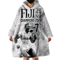 Custom Fiji Rugby Pacific Champions 2024 Wearable Blanket Hoodie Anniversary 7 Titles - Fijians Rugby and Tapa Hibiscus White Art LT03 - Polynesian Pride