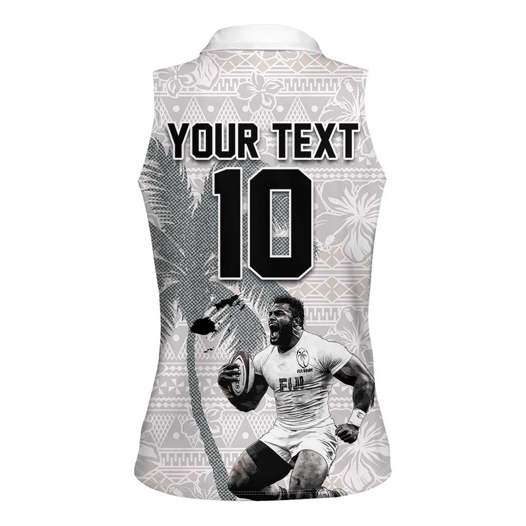 Custom Fiji Rugby Pacific Champions 2024 Women Sleeveless Polo Shirt Anniversary 7 Titles - Fijians Rugby and Tapa Hibiscus White Art LT03 - Polynesian Pride