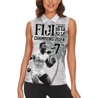 Custom Fiji Rugby Pacific Champions 2024 Women Sleeveless Polo Shirt Anniversary 7 Titles - Fijians Rugby and Tapa Hibiscus White Art LT03 - Polynesian Pride