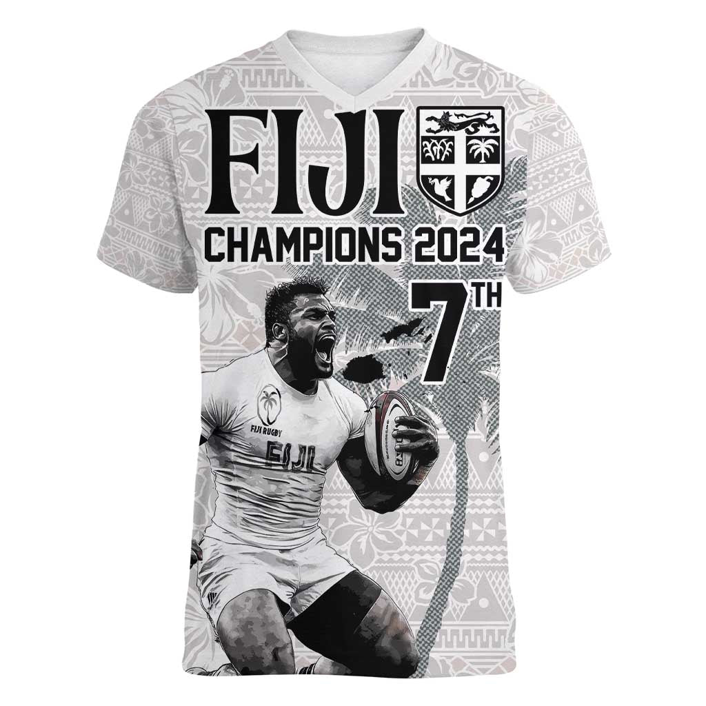 Custom Fiji Rugby Pacific Champions 2024 Women V-Neck T-Shirt Anniversary 7 Titles - Fijians Rugby and Tapa Hibiscus White Art LT03 Female White - Polynesian Pride