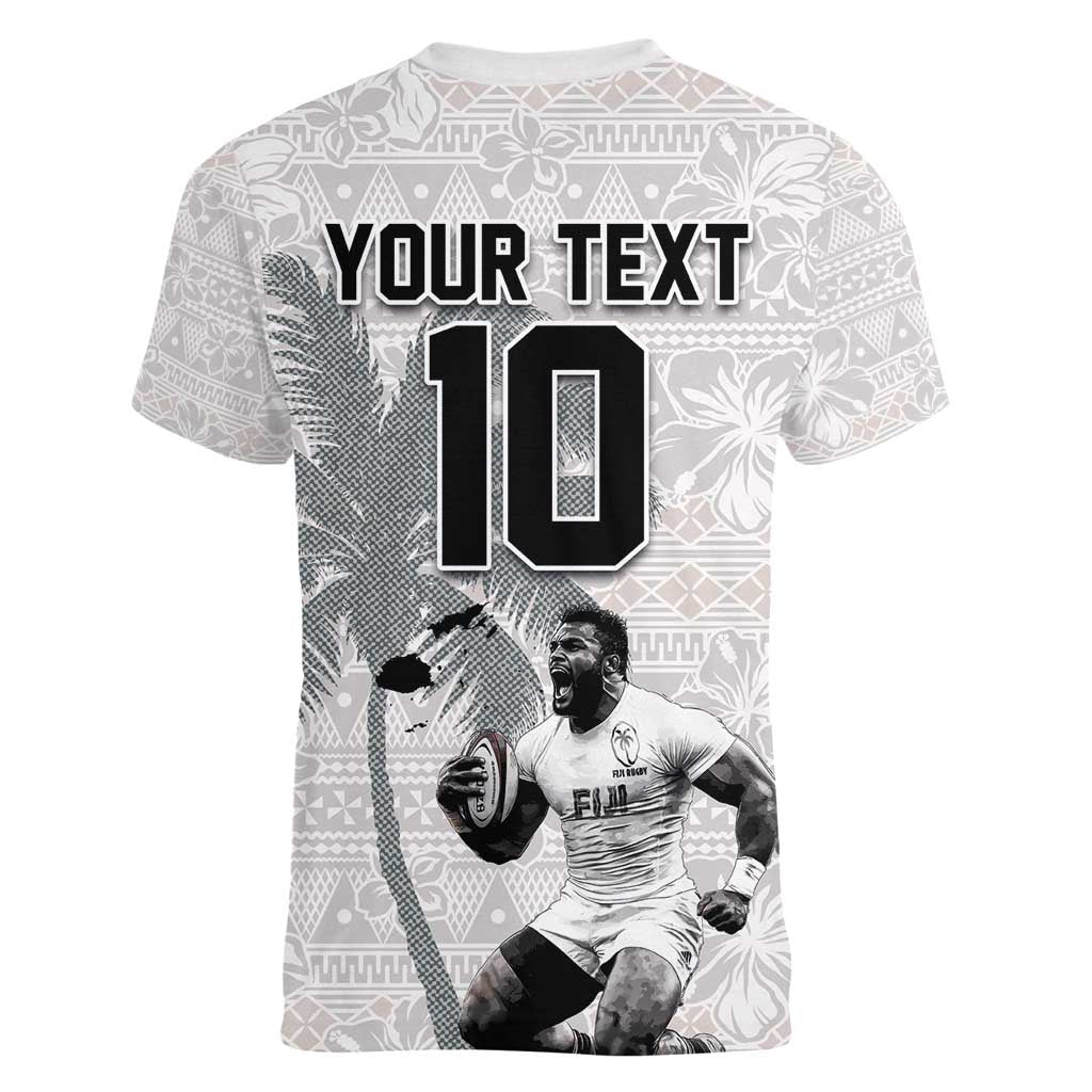Custom Fiji Rugby Pacific Champions 2024 Women V-Neck T-Shirt Anniversary 7 Titles - Fijians Rugby and Tapa Hibiscus White Art LT03 - Polynesian Pride